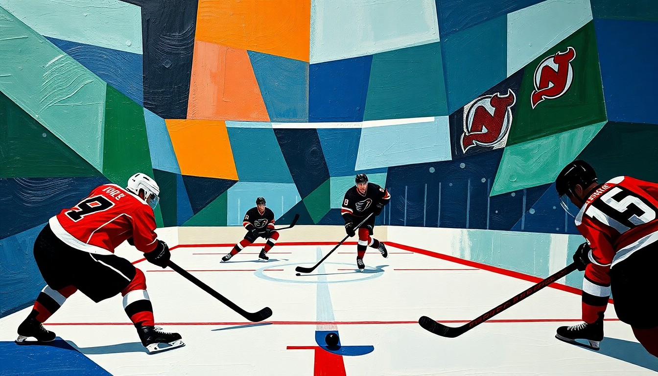 A fractured, multi-perspective painting in a cubist style, breaking down a hockey game into sharp, overlapping geometric shapes in navy, green, and red, representing the players