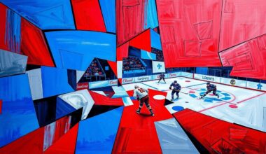 A cubist, geometric painting depicting a hockey game, with overlapping planes of color and fragmented shapes representing the players, puck, and action on the ice.