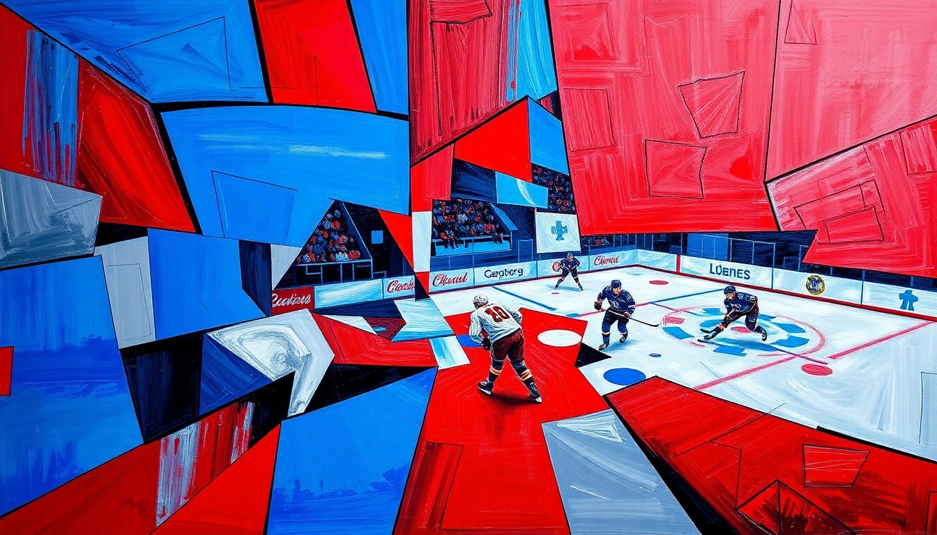 A cubist, geometric painting depicting a hockey game, with overlapping planes of color and fragmented shapes representing the players, puck, and action on the ice.
