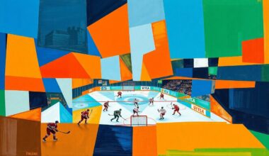 A fractured, multi-perspective painting in bold, geometric shapes and vibrant colors, conceptually representing the energy and momentum of a hockey game as the Flyers make a late-season playoff push.