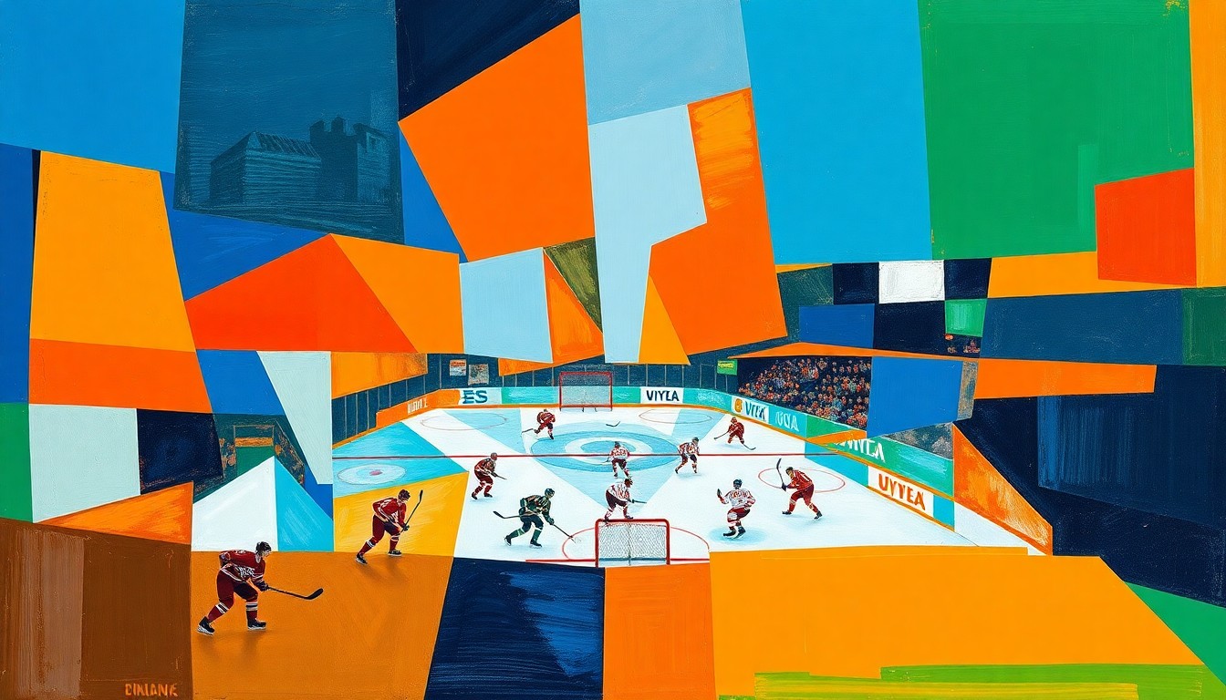 A fractured, multi-perspective painting in bold, geometric shapes and vibrant colors, conceptually representing the energy and momentum of a hockey game as the Flyers make a late-season playoff push.