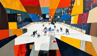 A cubist, geometric painting depicting a hockey game, with players and the puck broken down into overlapping, angular shapes and planes of color.
