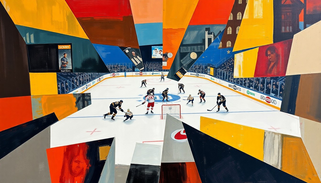 A cubist, geometric painting depicting a hockey game, with players and the puck broken down into overlapping, angular shapes and planes of color.