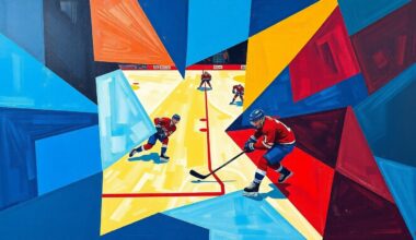 A fractured, multi-perspective painting featuring sharp, overlapping geometric shapes in blue, red, and yellow, conceptually representing the dynamic movements and energy of a hockey game.