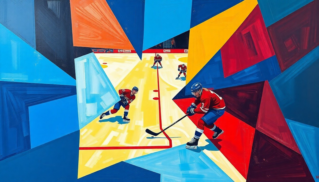 A fractured, multi-perspective painting featuring sharp, overlapping geometric shapes in blue, red, and yellow, conceptually representing the dynamic movements and energy of a hockey game.