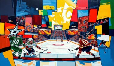 A fractured, cubist-style painting depicting a hockey game between the Dallas Stars and Calgary Flames, with the players and rink elements broken down into sharp, overlapping geometric shapes and planes of vibrant colors.