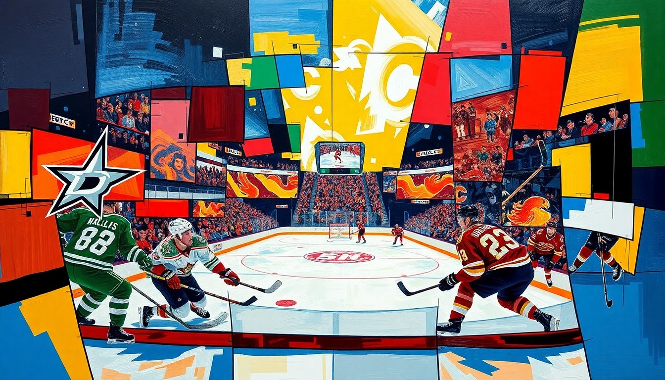 A fractured, cubist-style painting depicting a hockey game between the Dallas Stars and Calgary Flames, with the players and rink elements broken down into sharp, overlapping geometric shapes and planes of vibrant colors.