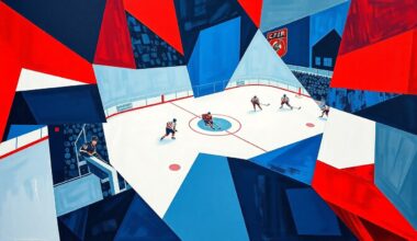 A cubist-style painting depicting the action of a hockey game, with players and the puck broken down into sharp, overlapping geometric shapes in a vibrant color palette.