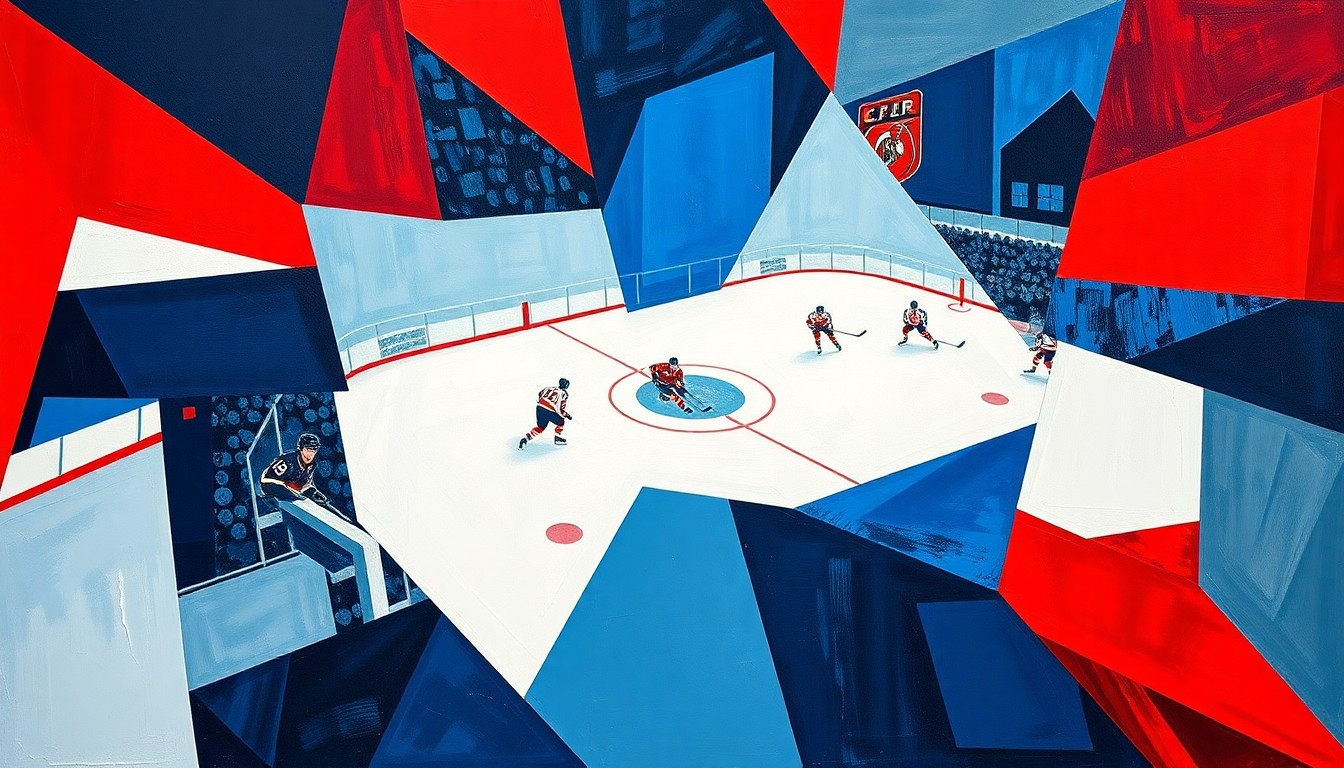 A cubist-style painting depicting the action of a hockey game, with players and the puck broken down into sharp, overlapping geometric shapes in a vibrant color palette.
