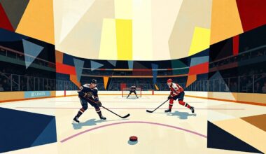 A cubist-style painting depicting a hockey game in an abstract, fragmented manner, with players and the puck represented as overlapping geometric shapes and planes of color.