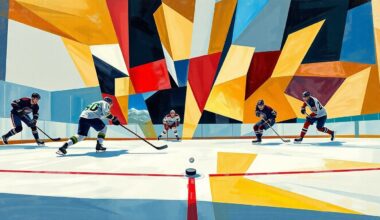A fragmented, geometric painting depicting a hockey game, with the players and ice broken down into abstract shapes and planes of color, the puck as the central focus.