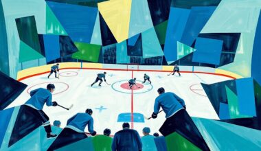 A cubist, geometric painting depicting a hockey game, with the players and ice reduced to angular, overlapping shapes in shades of blue, green, and white.