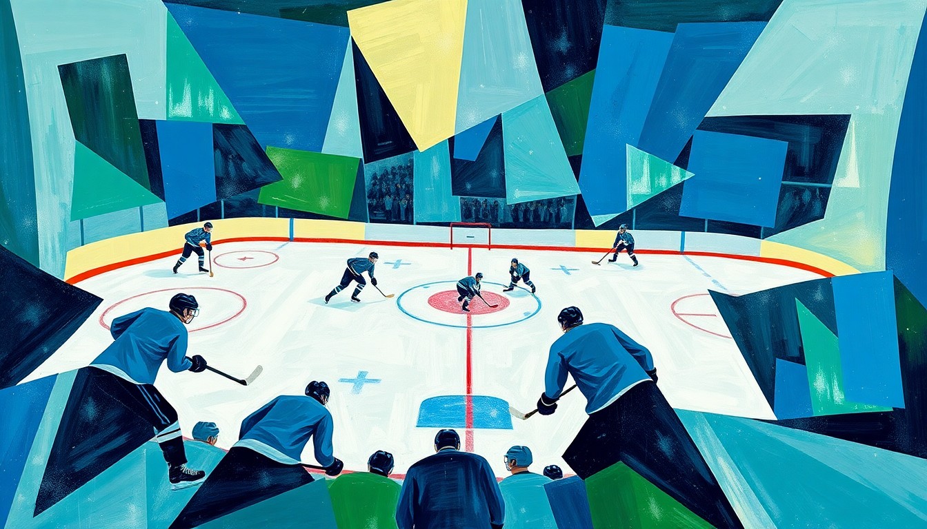 A cubist, geometric painting depicting a hockey game, with the players and ice reduced to angular, overlapping shapes in shades of blue, green, and white.