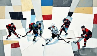 A fragmented, geometric painting depicting the dynamic action of a hockey game, with players