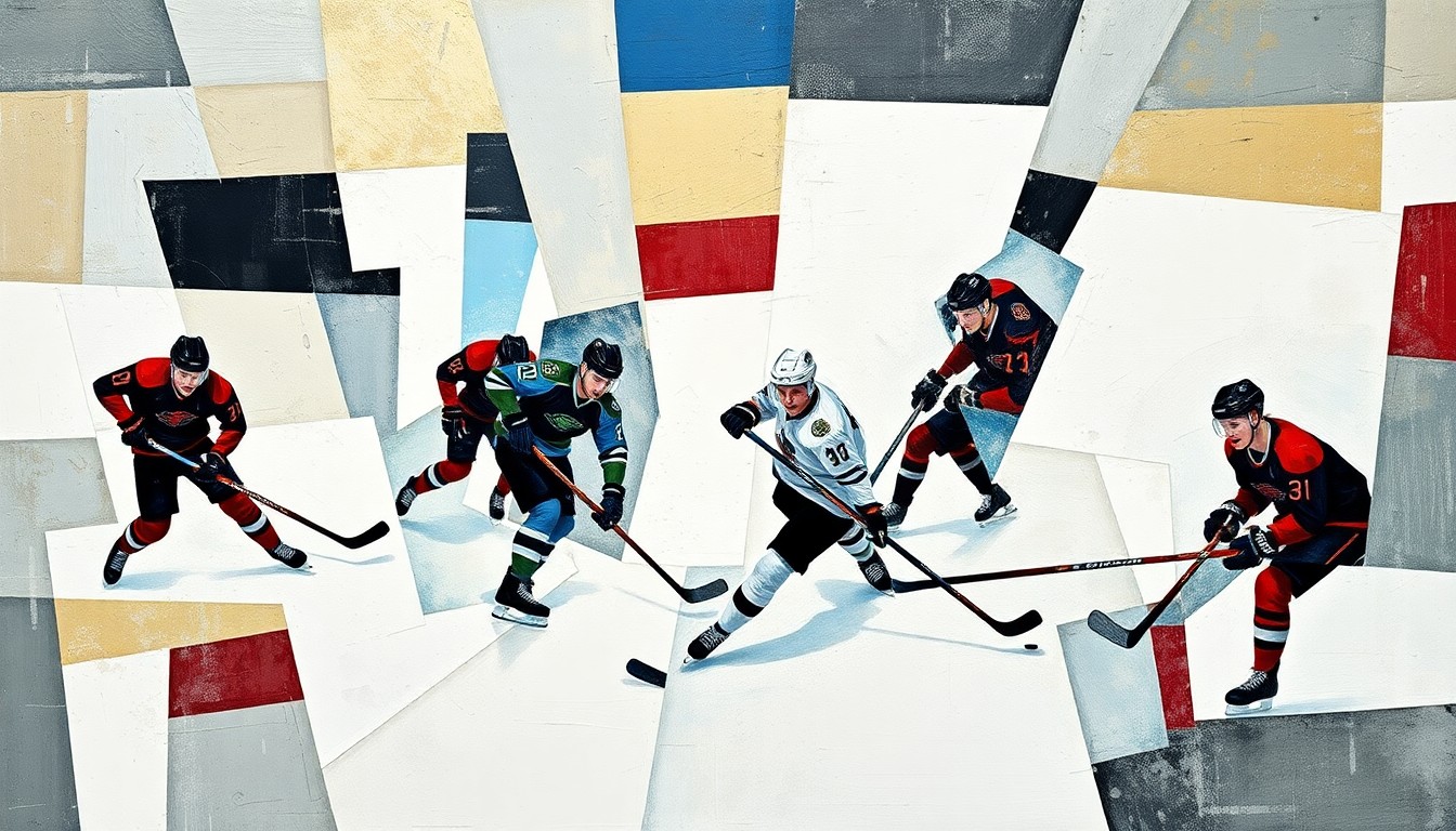 A fragmented, geometric painting depicting the dynamic action of a hockey game, with players