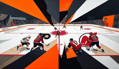 A cubist, geometric painting depicting a hockey game, with sharp, overlapping planes of orange, black, red, and white representing the players, puck, and arena in an abstract, deconstructed style.