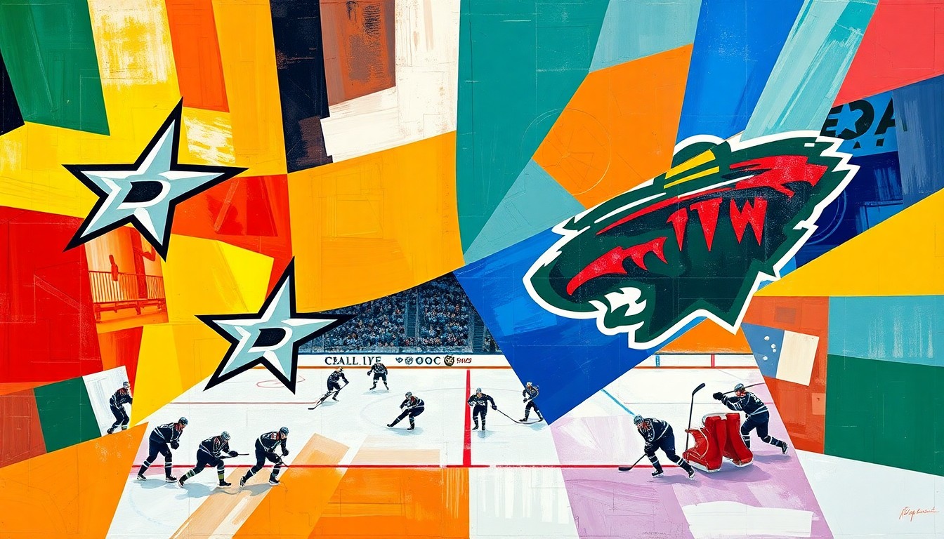 A cubist, geometric painting depicting a hockey game between the Dallas Stars and Minnesota Wild, with the players and action broken down into sharp, overlapping planes of color representing the teams