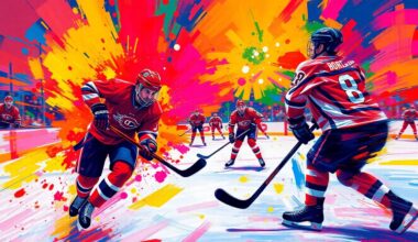 An abstract, energetic painting featuring rapid brushstrokes and neon colors that capture the dynamic motion and raw emotion of a hockey shootout, with the puck and players