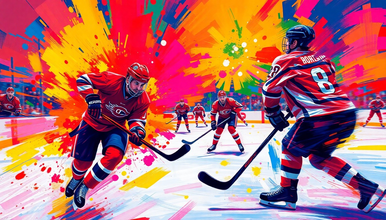 An abstract, energetic painting featuring rapid brushstrokes and neon colors that capture the dynamic motion and raw emotion of a hockey shootout, with the puck and players
