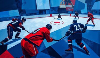 A fractured, cubist painting depicting the chaotic action of a hockey game, with players and the puck rendered as sharp, overlapping geometric shapes in a palette of navy, crimson, and silver.