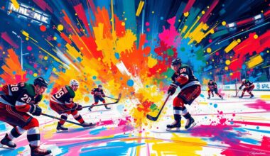 An abstract, energetic painting featuring overlapping brushstrokes of neon blue, orange, and pink, conveying the intense action and emotion of an overtime hockey game.
