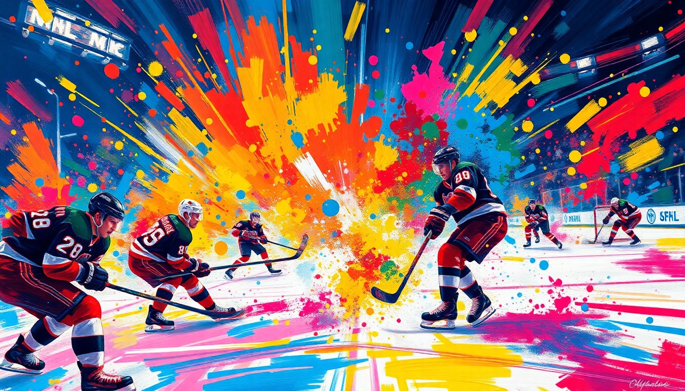 An abstract, energetic painting featuring overlapping brushstrokes of neon blue, orange, and pink, conveying the intense action and emotion of an overtime hockey game.