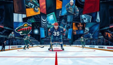 A vibrant, cubist-style painting depicting a hockey game in abstract, geometric shapes and planes of color, representing the intensity and energy of the Minnesota Wild