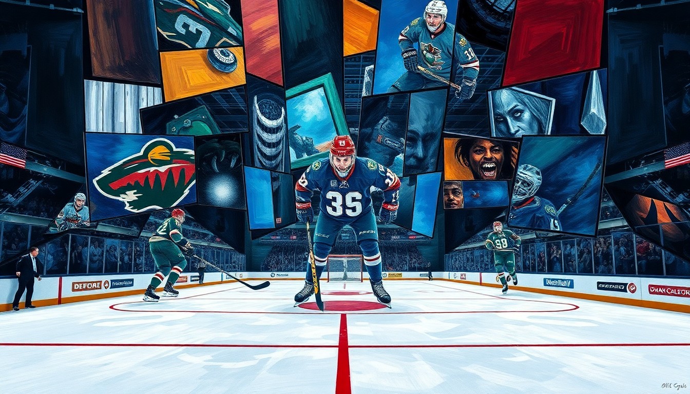 A vibrant, cubist-style painting depicting a hockey game in abstract, geometric shapes and planes of color, representing the intensity and energy of the Minnesota Wild