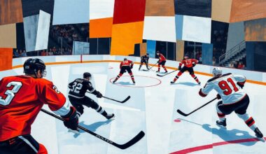 A cubist, geometric painting depicting the dynamic action of a hockey game, with fragmented shapes and planes of color representing the players, sticks, and ice surface.