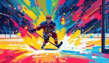 An abstract, expressionist painting in neon colors depicting the intense, dynamic motion of a hockey player scoring the game-winning goal in overtime.