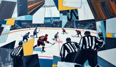 A fragmented, geometric painting depicting the action of a hockey game, with players and the puck represented as sharp, overlapping shapes in a vibrant color palette.