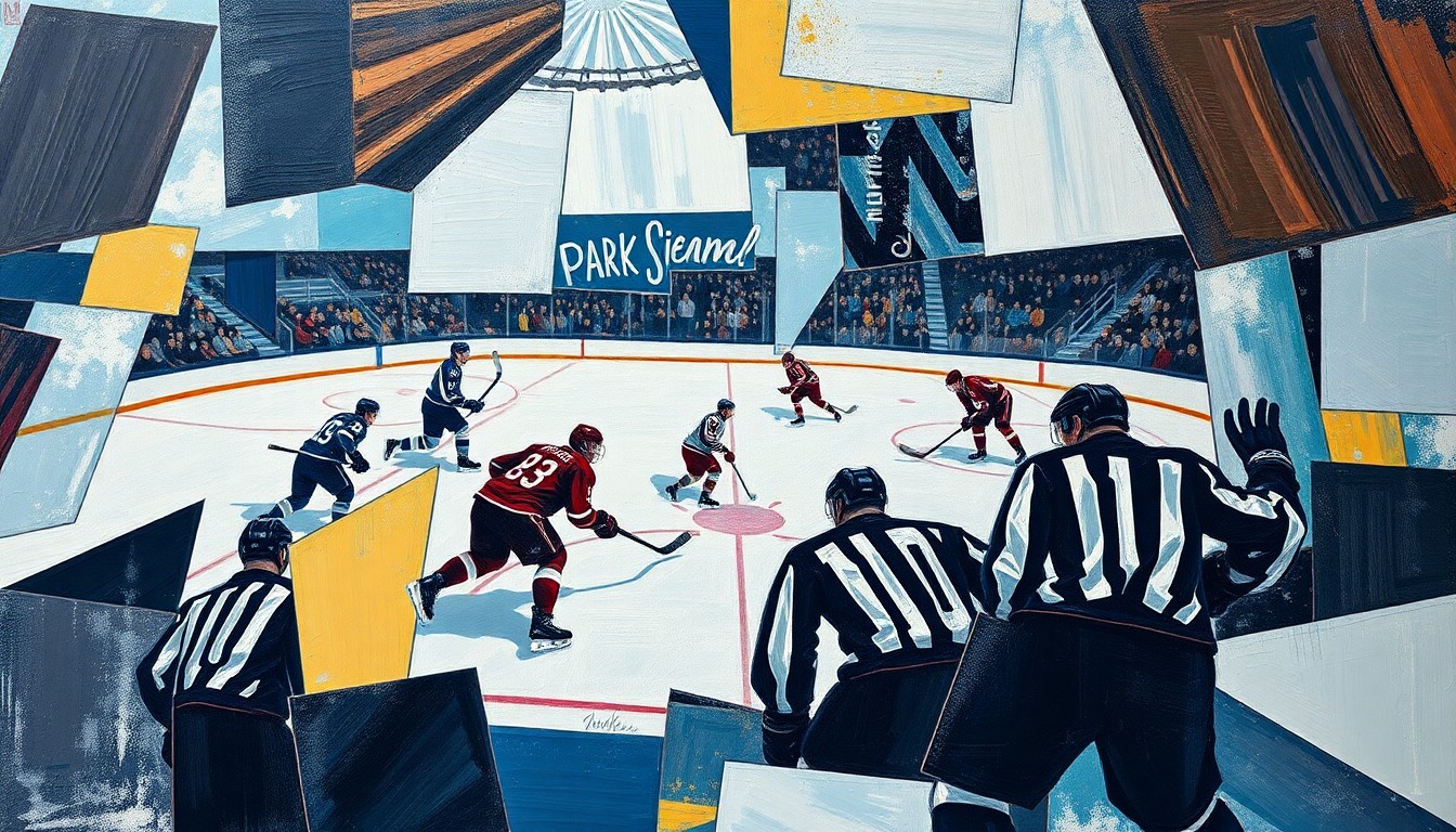 A fragmented, geometric painting depicting the action of a hockey game, with players and the puck represented as sharp, overlapping shapes in a vibrant color palette.