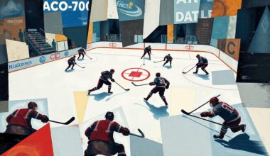 A cubist-style painting depicting a hockey game in motion, with the players, puck, and ice surface fragmented into overlapping geometric shapes and planes of color.