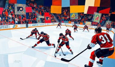 A fractured, cubist-style painting depicting the fast-paced action of a hockey game, with players, pucks, and equipment rendered in sharp, overlapping geometric shapes and vibrant team colors.
