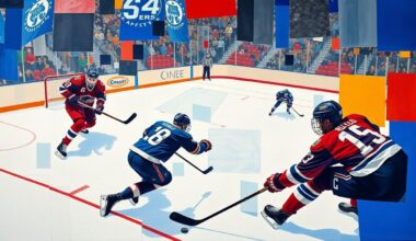 A cubist, multi-perspective painting depicting the chaotic, overlapping movements of a hockey game-winning goal, with sharp planes of blue ice, red jerseys, and white pucks.