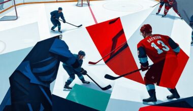 A cubist, geometric painting depicting a hockey game, with the players and ice reduced to angular, overlapping shapes in a vibrant color palette, capturing the energy and excitement of the overtime thriller.