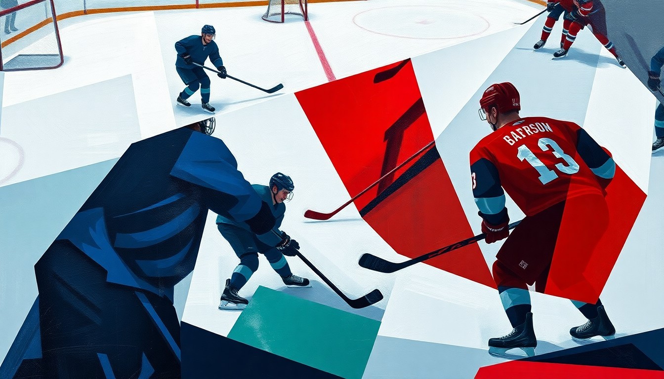 A cubist, geometric painting depicting a hockey game, with the players and ice reduced to angular, overlapping shapes in a vibrant color palette, capturing the energy and excitement of the overtime thriller.