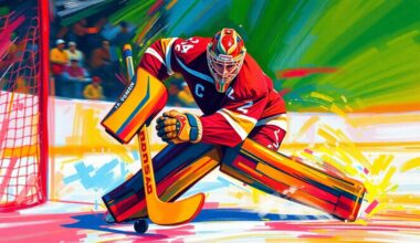 An abstract, expressionist painting featuring vibrant neon colors and rapid brushstrokes to capture the intensity of a hockey goaltender making a game-saving stop, with only the puck and net remaining in focus.