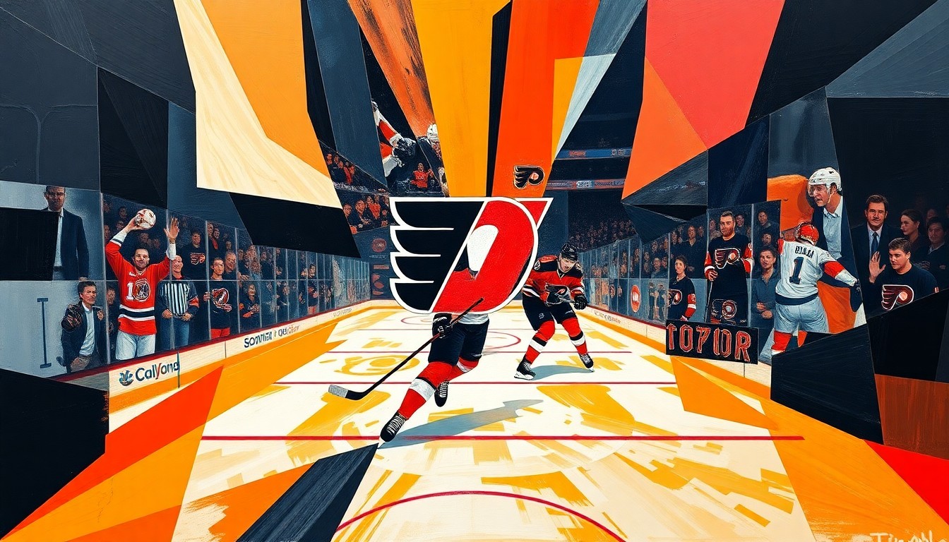 A cubist, geometric painting depicting a hockey game with overlapping planes of orange, black, and red, capturing the dynamic energy of the sport.