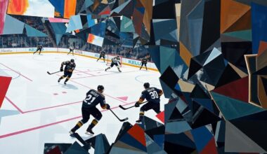 A fragmented, geometric painting depicting the dynamic movements and energy of a hockey game between two teams, with players and the puck represented as abstract shapes and planes of color.