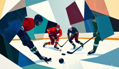 A cubist, geometric painting depicting a hockey game, with players and the puck represented as abstracted, angular shapes in a palette of navy, green, and red.