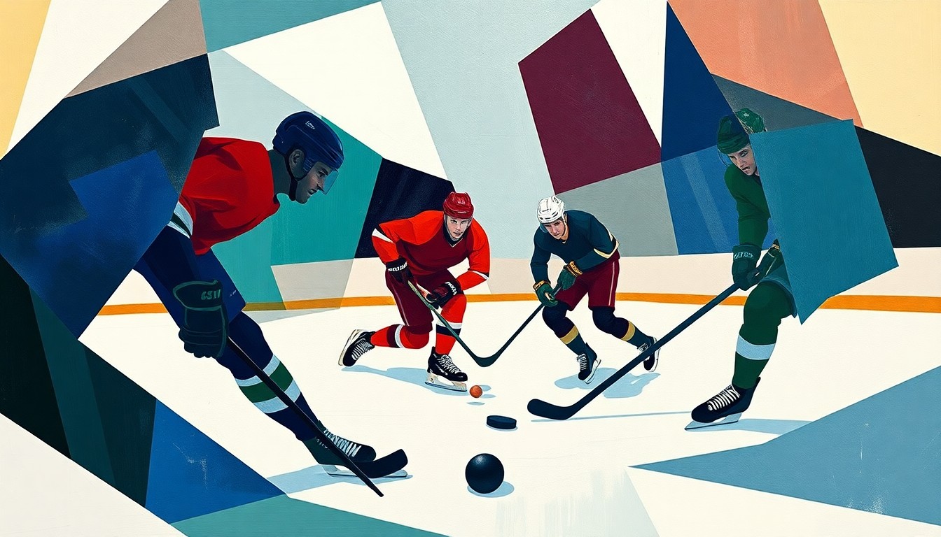 A cubist, geometric painting depicting a hockey game, with players and the puck represented as abstracted, angular shapes in a palette of navy, green, and red.