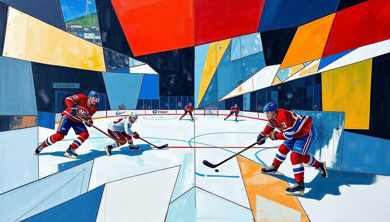 A cubist, geometric painting depicting a hockey game in motion, with fragmented, overlapping planes representing the players, puck, and ice. The abstract composition captures the energy and dynamics of the sport.