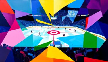 A cubist, geometric painting depicting a hockey game, with sharp, overlapping planes of color representing the players and action on the ice. The vibrant team colors of the Canucks and Golden Knights create a dynamic, fragmented visual.