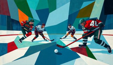 A cubist, geometric painting depicting an abstract hockey game, with angular shapes in shades of blue, green, and red representing the players and puck on the ice.