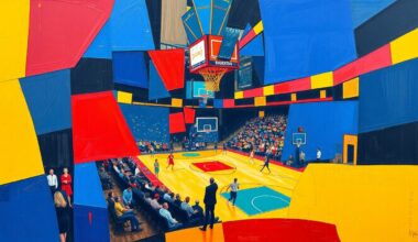 A cubist, geometric painting depicting a fragmented, multi-perspective view of a basketball arena, with sharp, overlapping planes of color representing the energy and excitement of the sport.