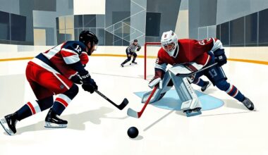 A cubist, geometric painting depicting a hockey game, with the goalie