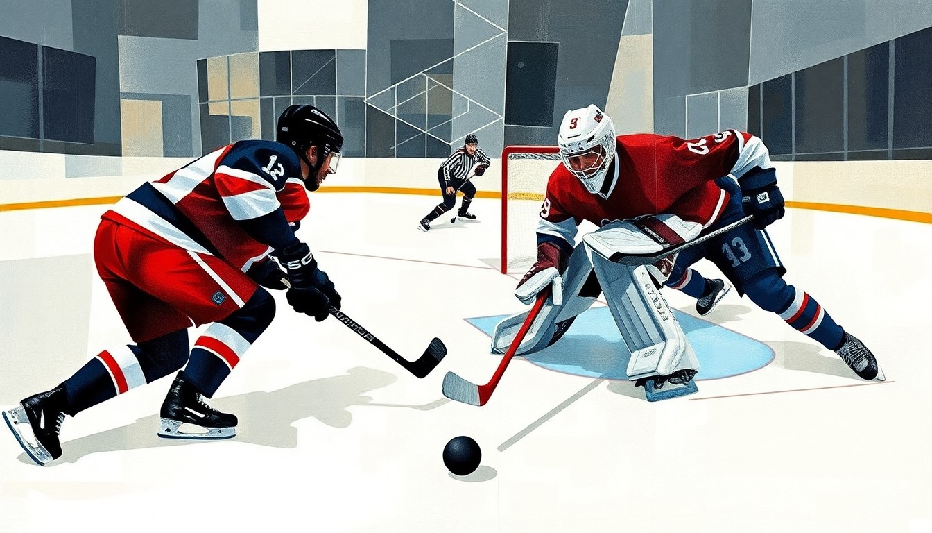 A cubist, geometric painting depicting a hockey game, with the goalie