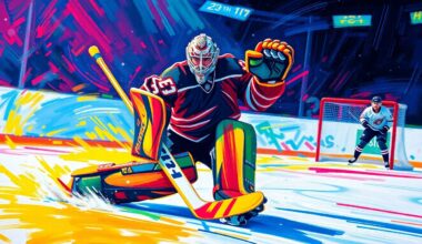 An abstract, expressionist painting featuring bold, neon-colored brushstrokes that capture the dynamic motion and energy of a professional ice hockey goaltender making a game-saving stop, conveying the intensity and excitement of the moment.