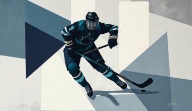 A cubist, geometric painting depicting a hockey player